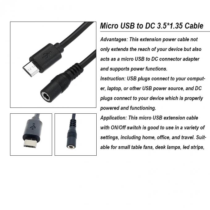 マイクロUSB 男性からDC 3.5x1.35mm 女性 ジャック ファン用電源延長ケーブル LEDストライプ 0