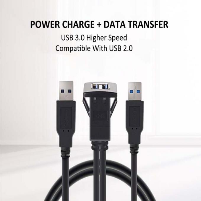 スクウェア・デュアルUSB3.02.0 男性から女性へ 防水拡張ケーブル プラッシュマウントパネル 車用 トラック用 ボート用 バイク用 コンピュータ 2