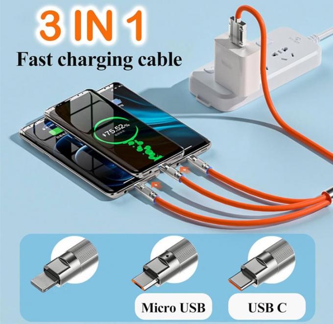 超高速充電 120w 6A 液体シリコン 3 in 1 マルチコネクタ マイクロタイプC USBデータ充電ケーブル 1