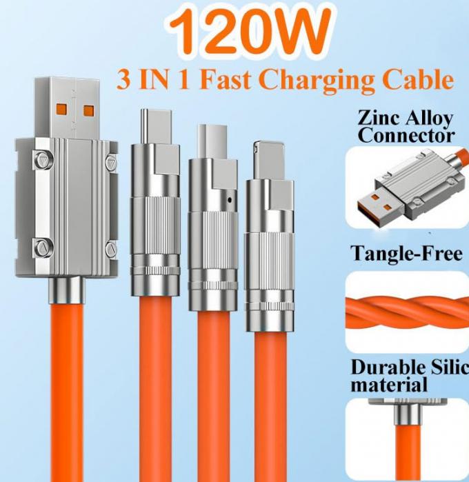 超高速充電 120w 6A 液体シリコン 3 in 1 マルチコネクタ マイクロタイプC USBデータ充電ケーブル 3