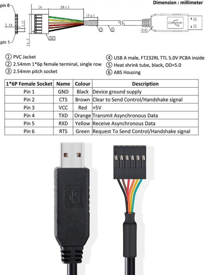 FTDIチップ FT232 USB to TTL 3.3V 5V Uart RTS CTS TXD RXD アルディノ・ラスベリー・パイ用シリアル変換ケーブル 2