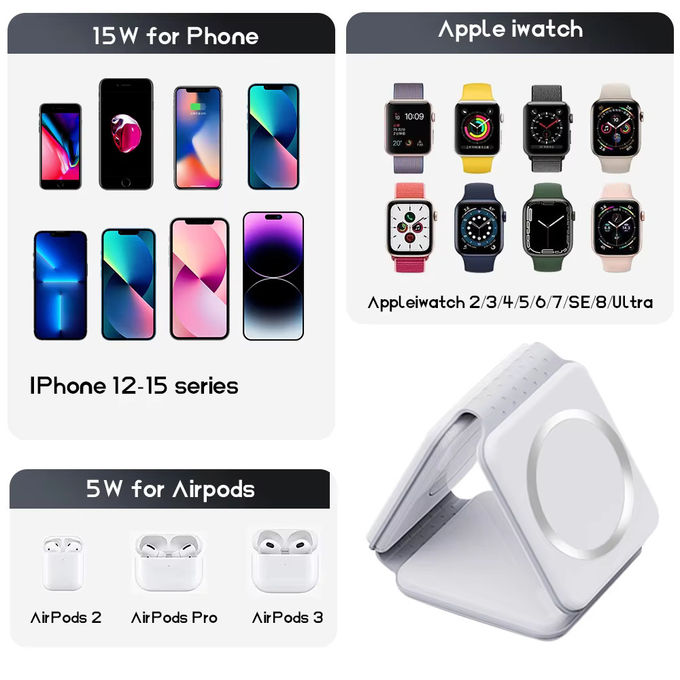マグネティック 3 イン 1 折りたたみ可能な無線充電器 iPhone 12-15 15w 急速無線充電スタンド 携帯無線充電器 7