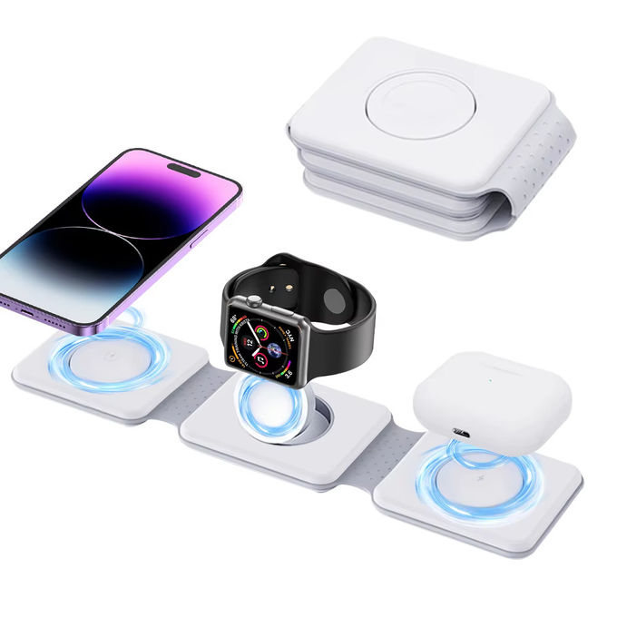 マグネティック 3 イン 1 折りたたみ可能な無線充電器 iPhone 12-15 15w 急速無線充電スタンド 携帯無線充電器 5