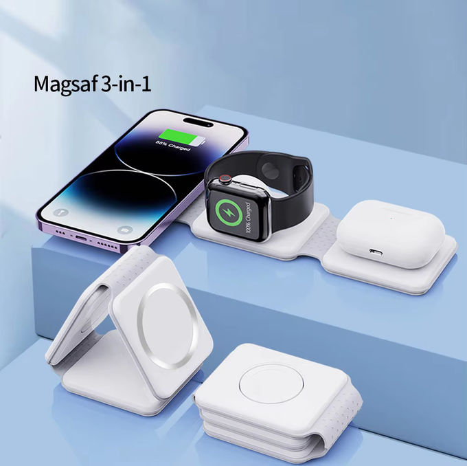 マグネティック 3 イン 1 折りたたみ可能な無線充電器 iPhone 12-15 15w 急速無線充電スタンド 携帯無線充電器 6