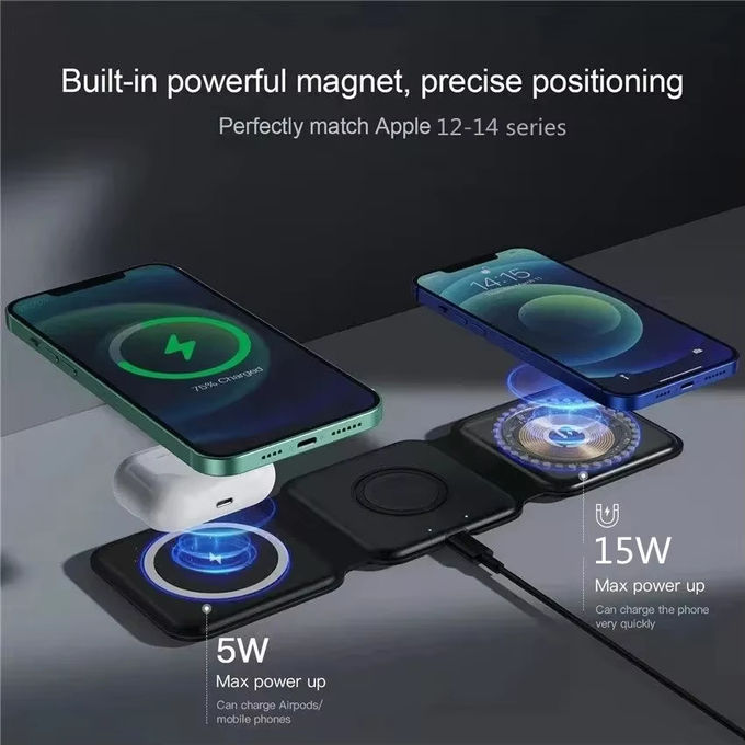 マグネティック 3 イン 1 折りたたみ可能な無線充電器 iPhone 12-15 15w 急速無線充電スタンド 携帯無線充電器 1